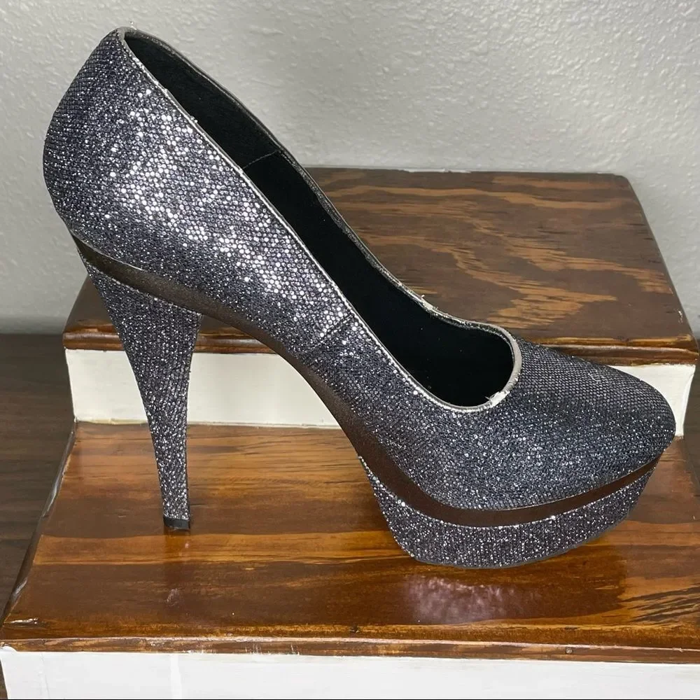 Promise Stiletto Platform Glitter Sparkly Steel Gray / Pewter High Heels Size 9
